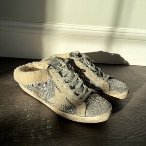 Golden Goose Super Star Sabot Silver Glitter Slide Shearling Lining size 39